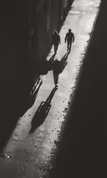two people are walking down the street on shadows