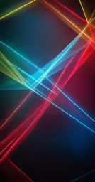 red, orange, and blue lines going through a dark room