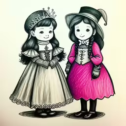 two girls dressed in vintage clothing for halloween costumes,two little girls are dressed in old time fashion
