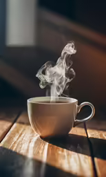 smoke rising out of a coffee cup sitting on a wooden table