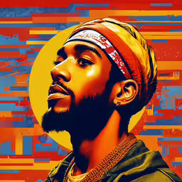 a man with a colorful hair band on his head,a black man with a bandanna on his head and a circular background with squares
