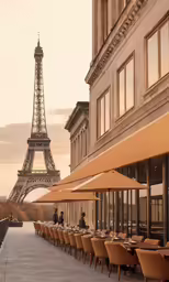 people dining at tables in front of the eiffel tower