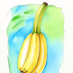 a drawing of two yellow bananas on a blue green background,the image of some bananas is very colorful