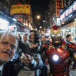 the people in the street are all wearing iron man costumes