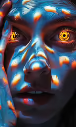 a person with makeup and fake lights holding their head