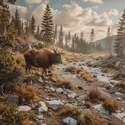 an animal in a field surrounded by trees
