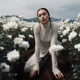 woman sitting on a horse among flowers with mountains in the background