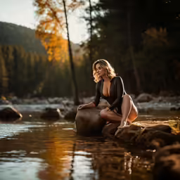 an attractive woman sitting on top of a rock near water
