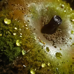 an odd looking water scene shows a large piece of material with green algae on it