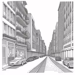 a line drawing of some cars parked on a city street,a line drawing of a city street with buildings and cars,drawing on paper of a city street with buildings,a pencil drawing of cars parked in front of buildings,an artist