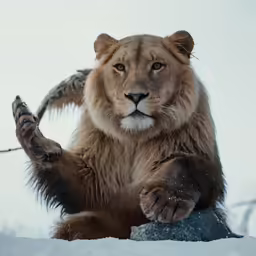 a small lion with one paw on a rock
