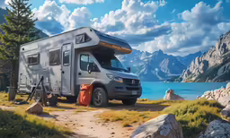 there is an rv parked by the lake and mountains