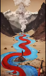 a long flowing stream of water with mountains in the background