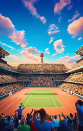 a tennis match is being played on a bright day