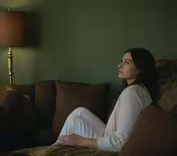 a young woman sitting on a couch staring to the side