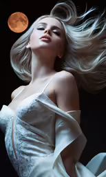 a woman with blonde hair in front of a full moon