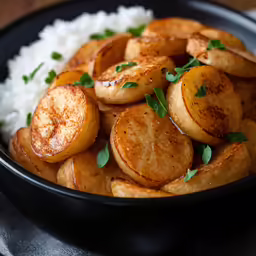 this meal features potatoes and rice in a black dish
