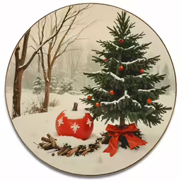 christmas tree, sack and decorations are on a plate