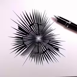 a pen is laying next to an illustration of a starburst,this is a drawing of a star burst