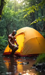a man is standing near a yellow tent with a water bowl and camping gear,a man with a tent by some water