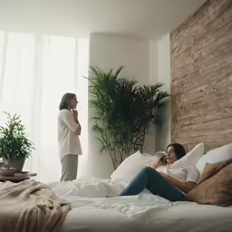 a woman in bed while her cellphone is on the ground