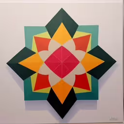 an abstract painting of a sun flower on a wall,a picture of the inside of an art work,the large painting is on display on the wall,a picture of abstract geometric artwork on a wall,an abstract artwork with multi - colored geometric shapes