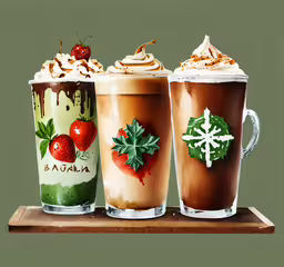 three beverages on top of a wooden tray,a painting of three cups that are on top of a tray