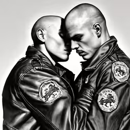 two male officers hugging with police patches on their coats,two men with bald heads wearing jackets
