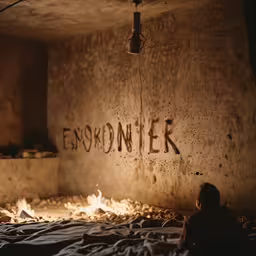 a dark bedroom with fire on the wall