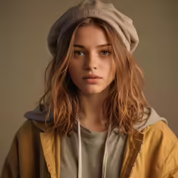 a woman wearing a mustard coat is posing for a photo