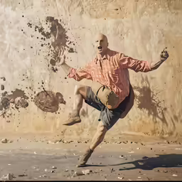 man kicks ball with mud all over wall and dirt