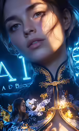 a woman in an asian - style outfit with glowing lights and a photo