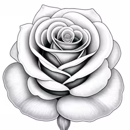 the petals of a rose are drawn in pencil,a white rose tattoo design, which has been drawn in ink,a rose flower with petals in black and white,a drawing of a rose that is drawn in pencil,a black and white rose that has a long stem