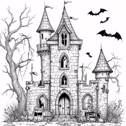 a halloween castle with bats flying by