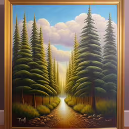 a painting of a path going through a forest,the painting is displayed against the wall