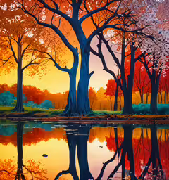 there is a painting of some trees in the woods,colorful autumn trees reflecting in a pond at sunset