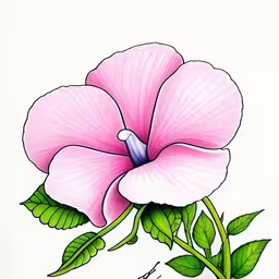 a large pink flower with green leaves drawn in color,a drawing of pink flowers with leaves on it