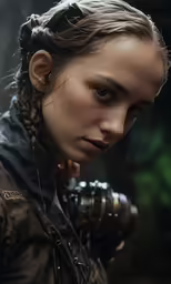 a woman with braids and leather jacket posing for a photo
