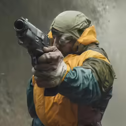 the man in the yellow jacket is holding a gun