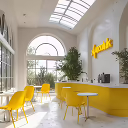 a yellow room with many chairs around the table