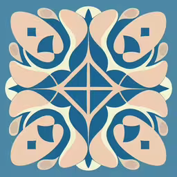 blue and pink abstract artwork featuring two interwoven shapes,a blue and beige colored square with an intricate design