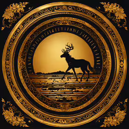 the silhouette of a deer is in a circle,a golden plate with a deer on it