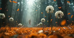 a man walking through a field of dandelions