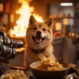 a dog at the camera with food in a bowl