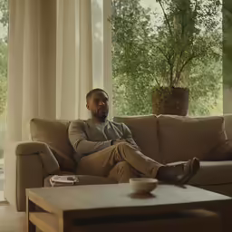 a man sits on a couch next to a large window