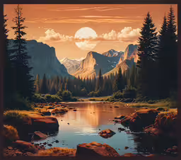 there is a river in front of a mountain,a painting of mountains at sunset with a river