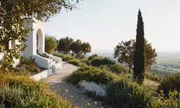 the path to the chapel is surrounded by lush greenery