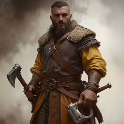 a man holding a giant axe with two swords