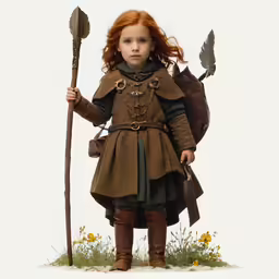 a little red haired girl dressed in armor and holding a large stick