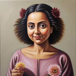 a painting of a woman holding flowers in her right hand,a painting of a woman holding two flowers,there is a portrait with flowers in her hair,a picture of a woman holding a flower,a portrait of a young lady with two flower petals on her shoulder